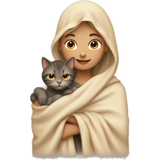 girl petting cat in beige blanket emoji