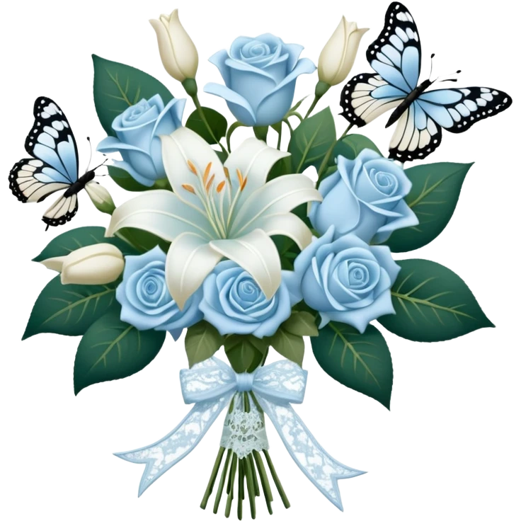 A classic bouquet of pale blue roses, delicate white lilies, and trailing jasmine, tied together with an embroidered ivory ribbon. A butterfly with lace-like wings hovers nearby, casting a soft, intricate shadow over the bouquet. emoji