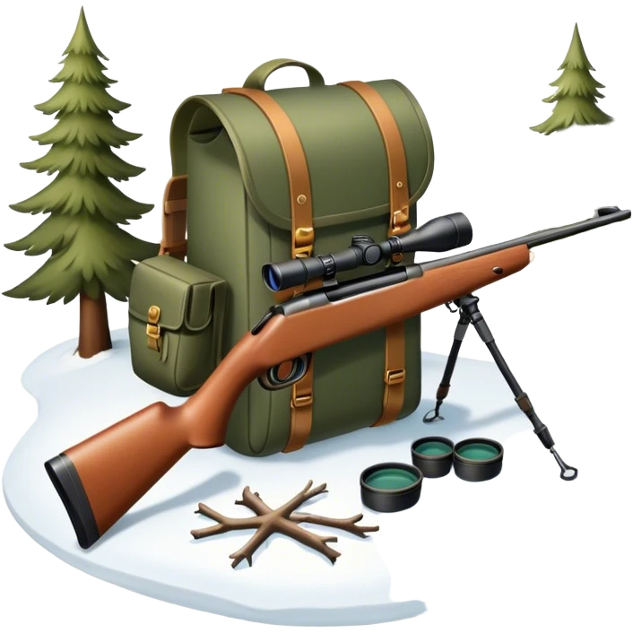 Icon for Hunting Tourism: a hunting rifle, binoculars, and animal tracks in the snow, with a forest background and a hunter’s backpack. The icon should represent the adventure and experience of hunting in nature. Transparent background. emoji