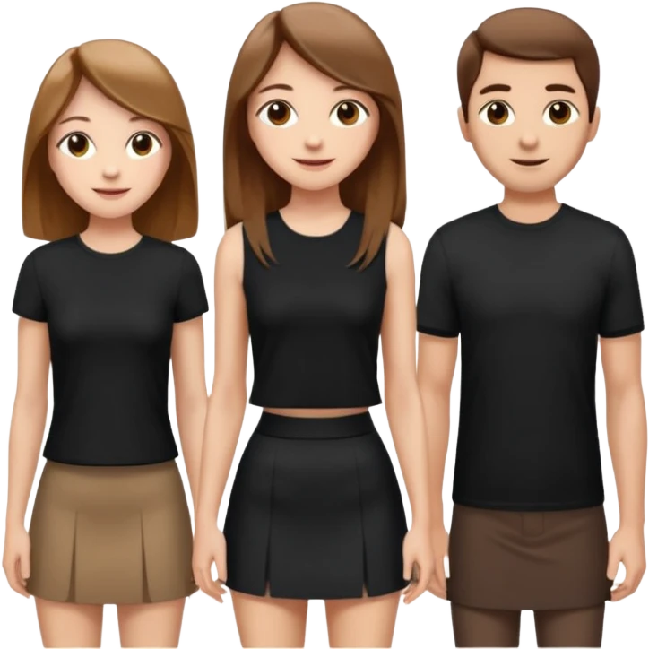 emoji of a girl with long, straight light brown hair, fair skin, soft brown eyes. Wearing a stylish black top and mini skirt. Full-height, standing confidently with shoulders back, head up, smiling proudly. Surrounded by 3men and one woman next to her, looking at her with admiration. emoji