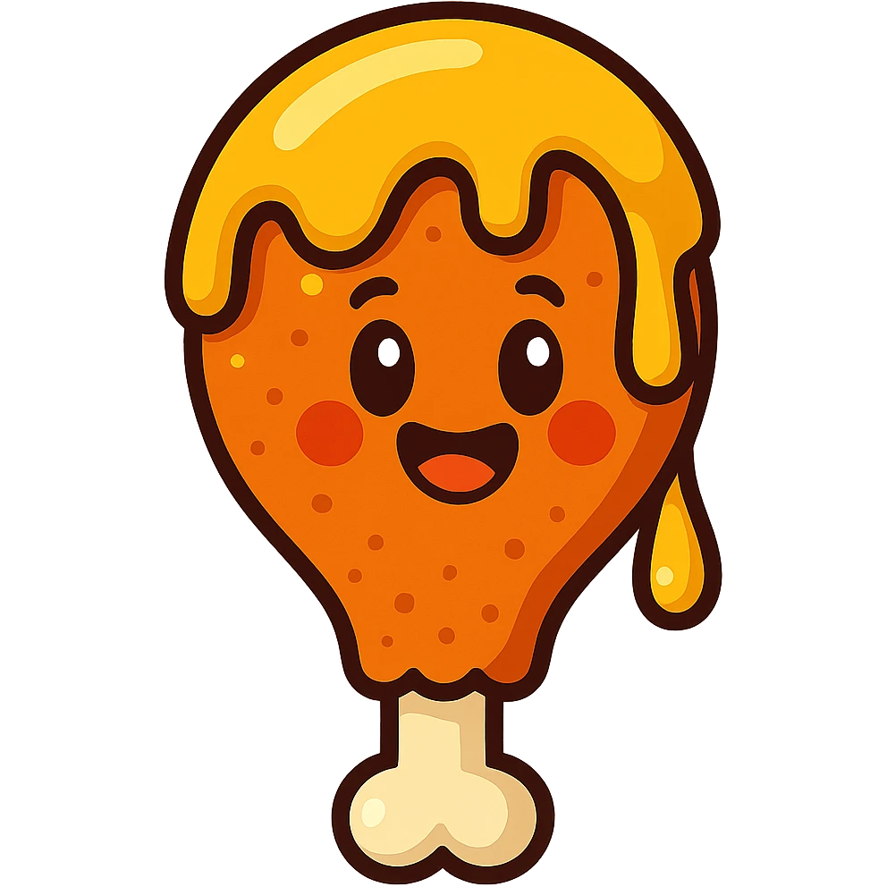 honey chicken, cartoon style, smiling chicken drumstick with honey drizzle, vibrant toon style emoji