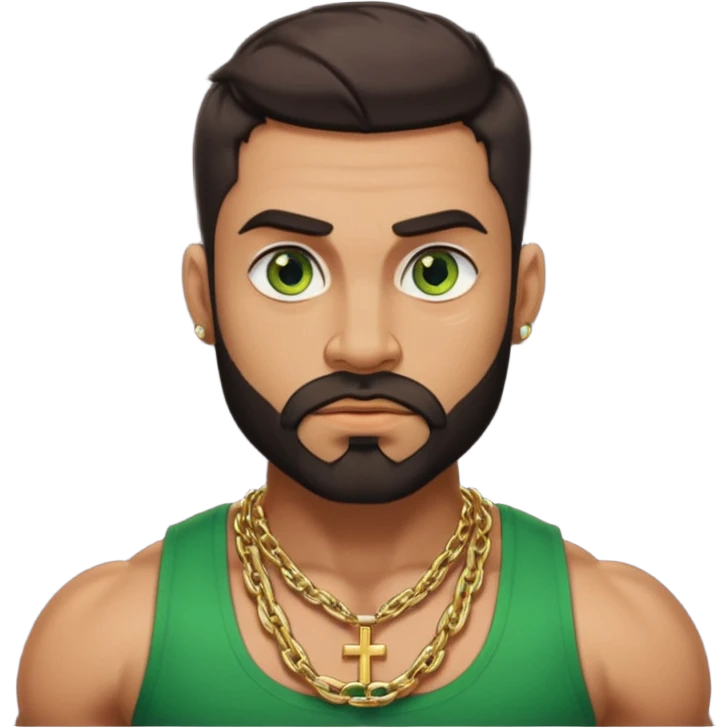 green eyes, dark short hair, muscular shoulders, wide cross, gold chain, big lips big nose big eyes, masculine good looking, dark beard, muscular strong looking emoji