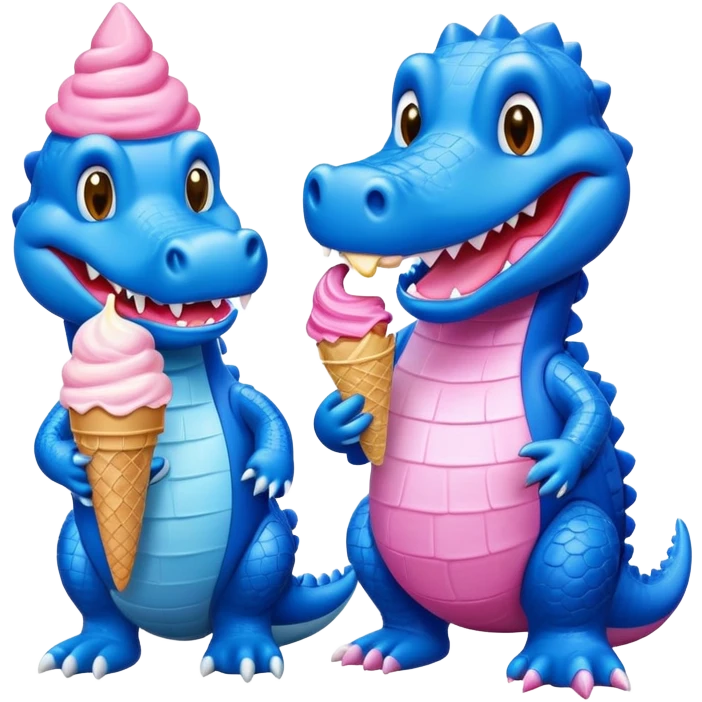 One pink alligator and one blue alligator each eating ice cream cone emoji