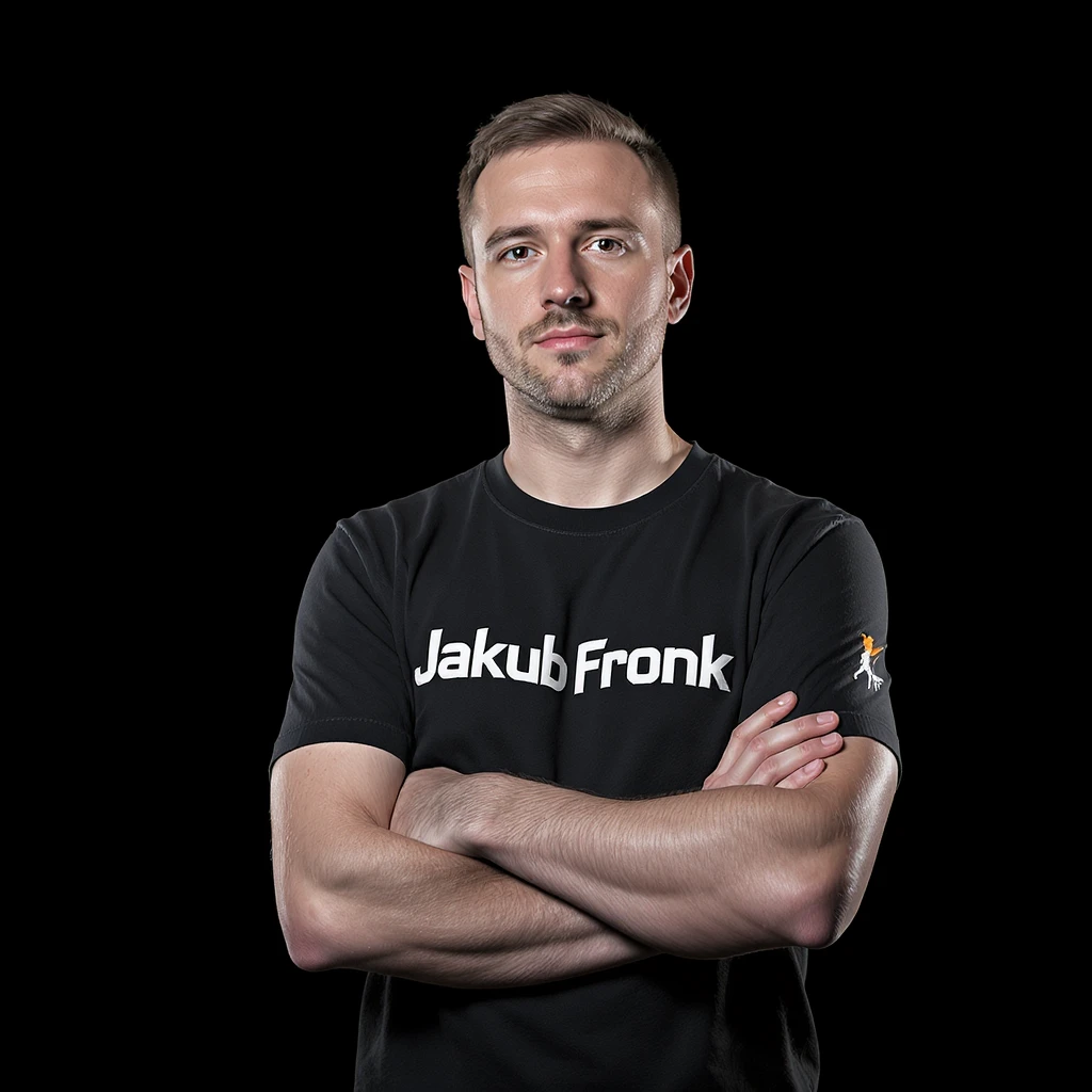 Csgo pro player profile proffesional photo, low key light back light, man standing crossed hands with tshirt with text "Jakub Fronk" black solid background emoji