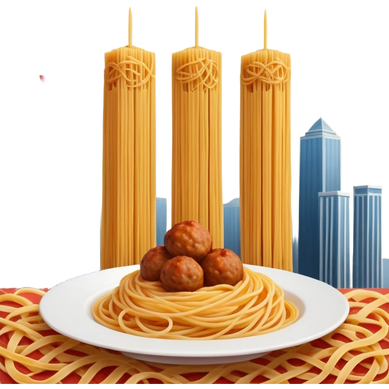 Two skyscraper buildings made of spaghetti with a meatball flying towards them.  emoji