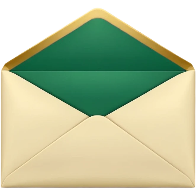 3D minimal open envelope with paper sliding out, matte finish, deep green (#0B3D2C) envelope, cream (#F5F5DC) paper, subtle gold (#C9B037) edge, Apple style, ultra clean, soft shadow, transparent background emoji