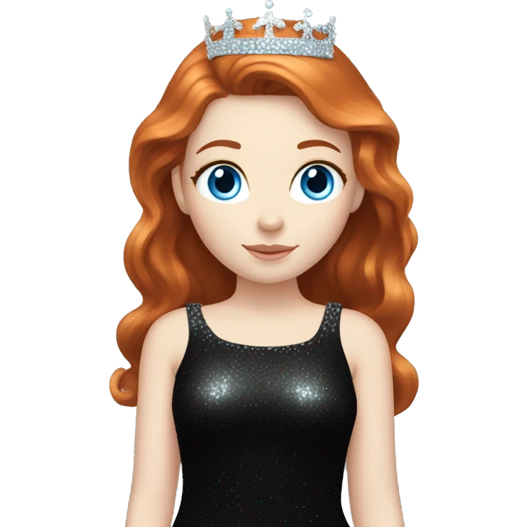 Beautiful girl with redhair, pale skin and bright blue eyes. She wears a sparkly black dress and a silver crown  emoji