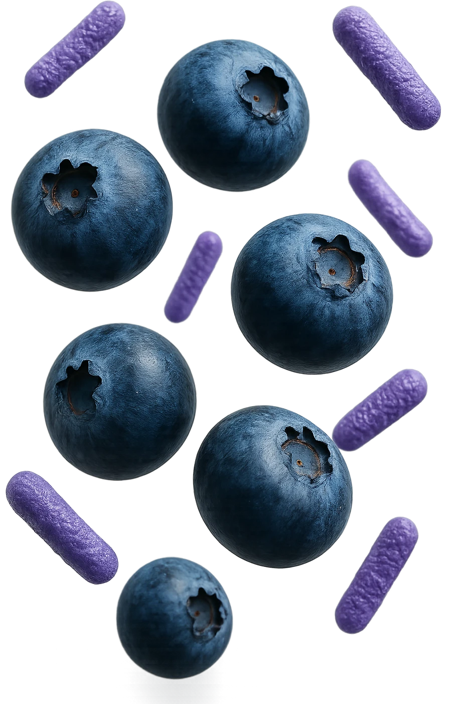 mirtilli fluttuano in aria insieme a 6 batteri intestinali viola, iperrealistico 4k emoji