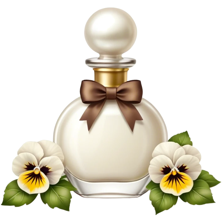 pearl white perfume bottle in vintage style and ivory colored pansies and brown bow emoji