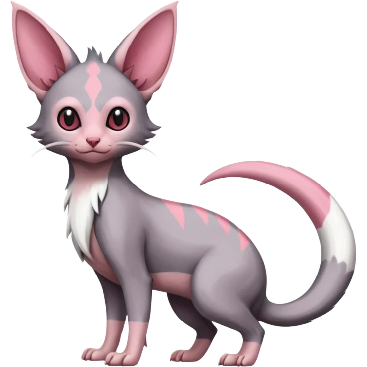 Minccino-Lykoi-Emolga-Sphynx-Linoone-Zangoose-fusion-hybrid-animal-Fakémon-creature, full body, thin long sleek scaly tail, intricate markings emoji