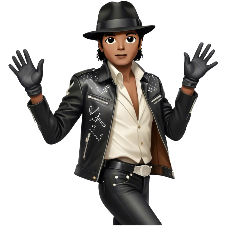 Icon for R&B Music: Michael Jackson in his signature black fedora, sparkling glove, and leather jacket, striking his famous moonwalk pose. Musical notes float around him, symbolizing the soulful and rhythmic essence of R&B. Transparent background. emoji