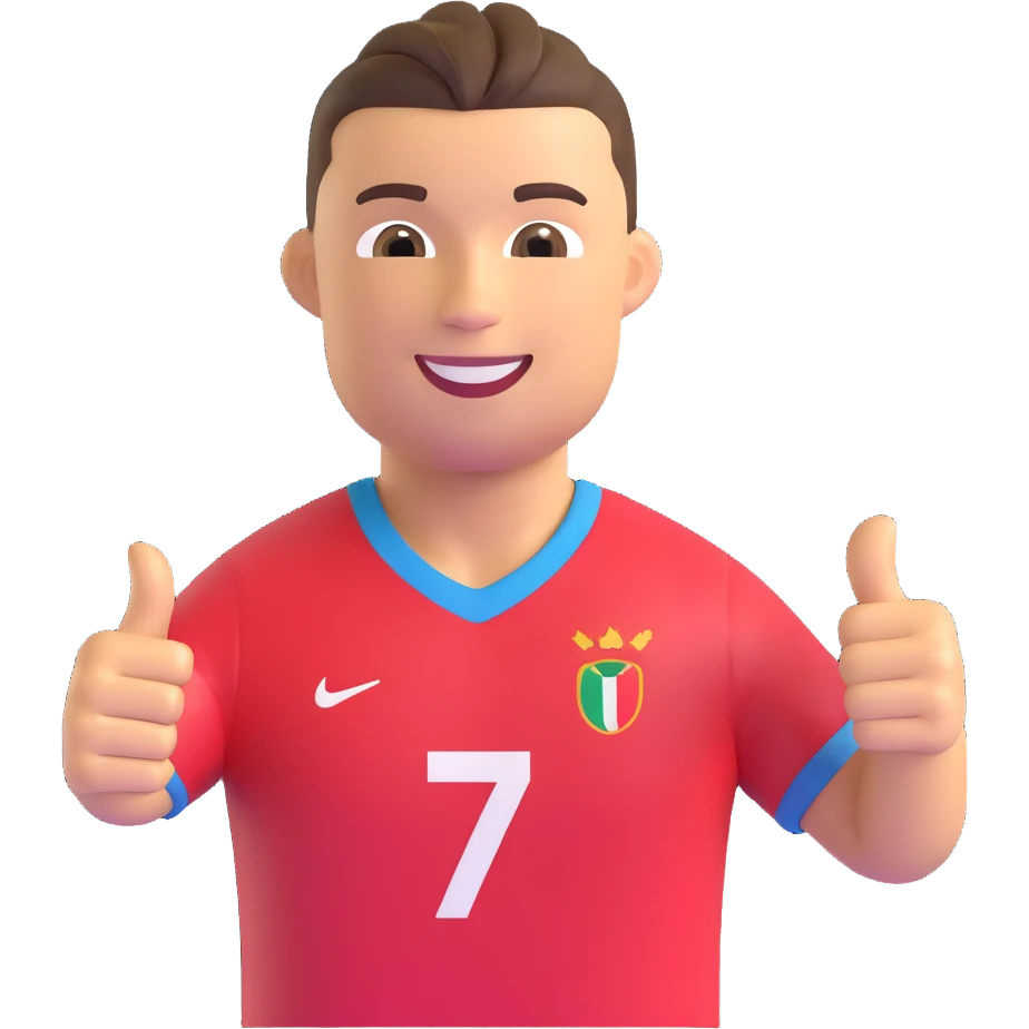 Ronaldo as a 3D emoji, smiling and giving a thumbs up, football jersey emoji