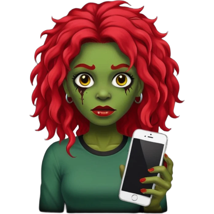 Faça me um emoji de um zumbi mulher de cabelos vermelho escuro longos ondulado usando uma blusa preta, faça no estilo iphone, o tom de pele dela tem que ser verde  emoji