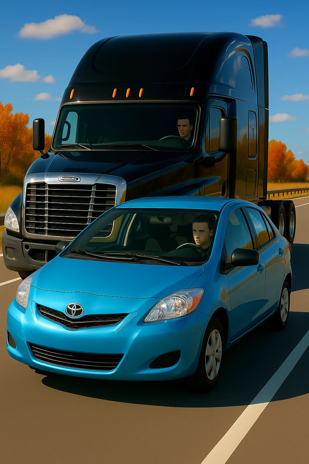 Remove the word 'move' from the car. Keep the scene bright and vibrant, featuring a black semi truck without a trailer and a person inside the car. Maintain the overall vibrant and bright atmosphere. emoji
