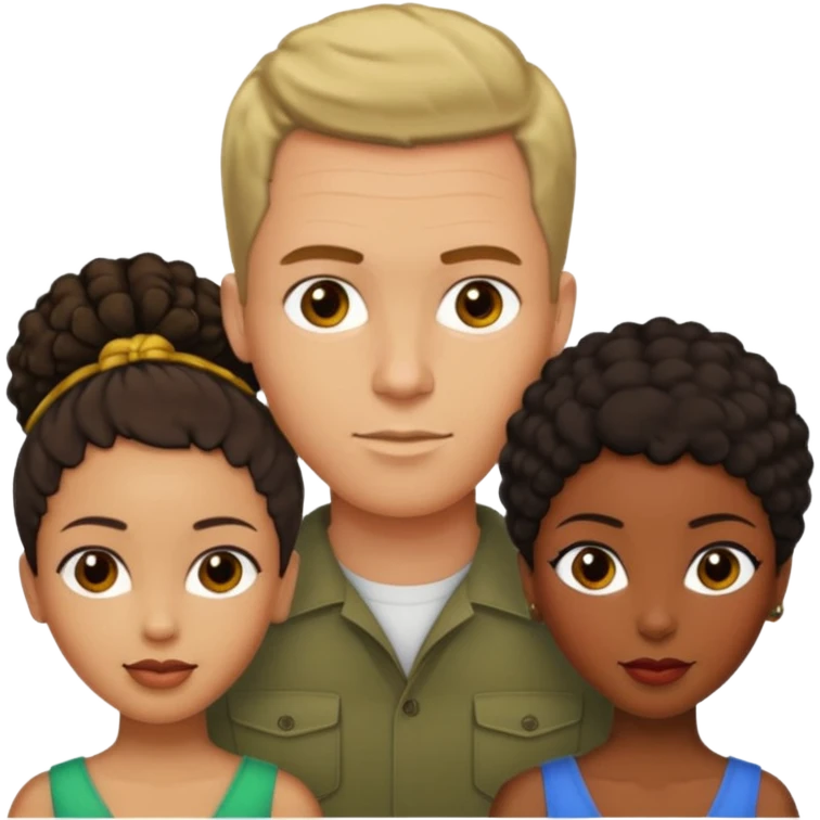 Olive skinnedAmerican man with short brown hairwith two black african women both are African one is light skin black and one is medium tone black with african hair styles emoji