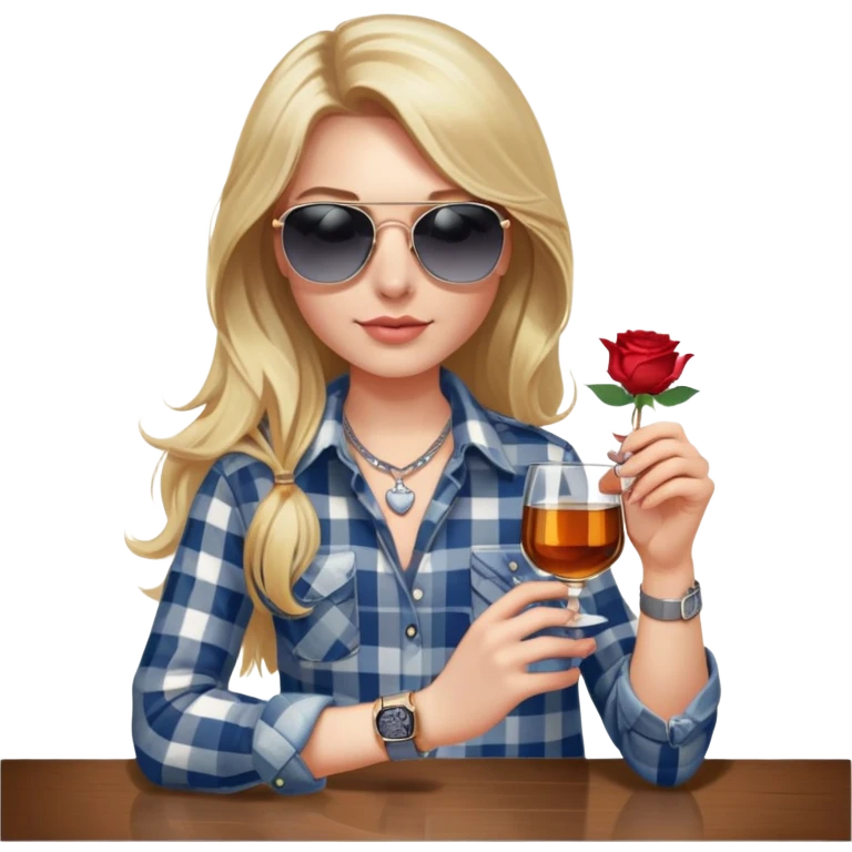 girl with long blond hair, wearing grey/white plaid shirt, with blue eyes and aviator sunglasses, wearing a ring on her silver necklace around her neck, holding a glass of whiskey, wearing rose gold apple watch emoji