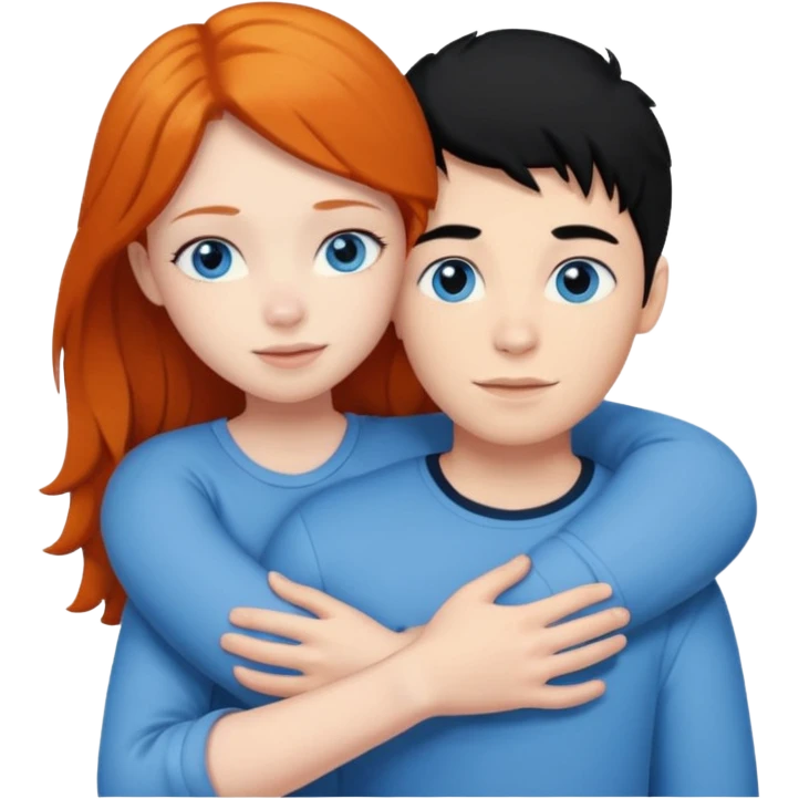 Ginger boy without facial hair hugging girl with black hair. Both have blue eyes.  emoji