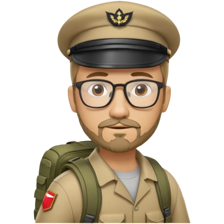 adventurer with goatee beard (no beard on cheeks), short hair, glasses, backwards military tan cap and backpack emoji