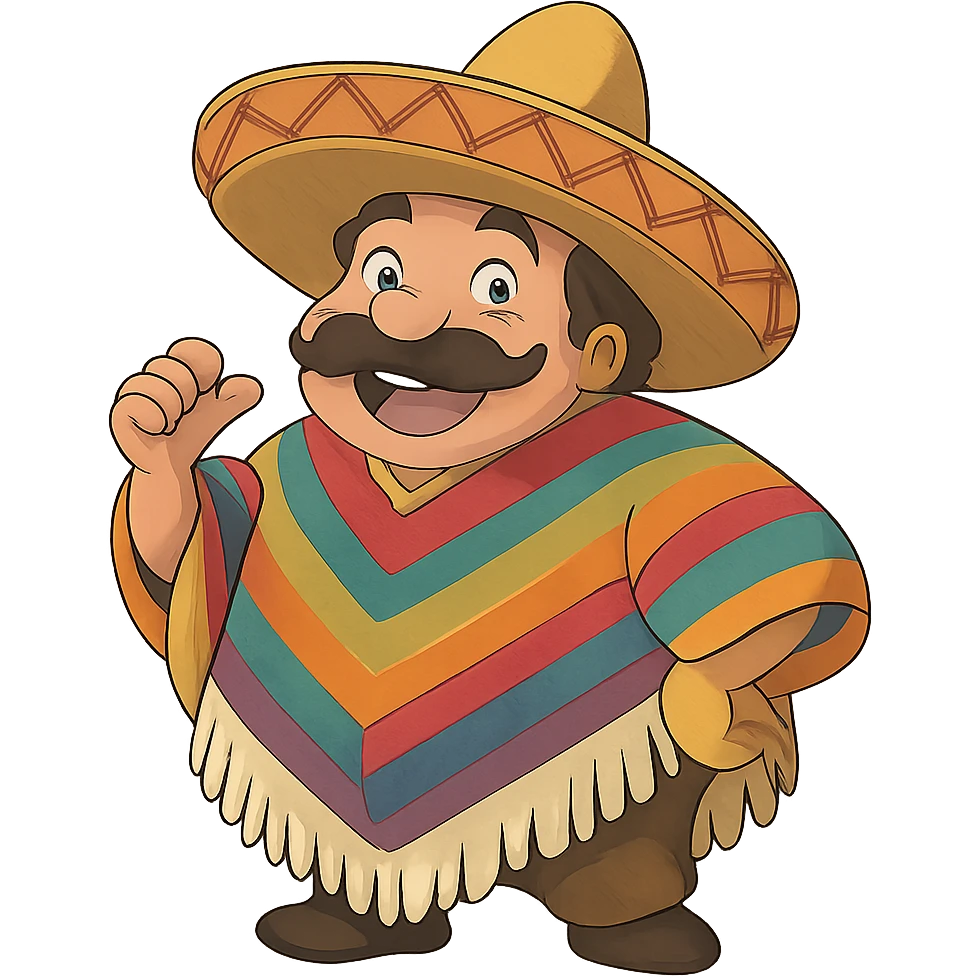 ghibli style funny Mexican character with a colorful poncho and hat emoji