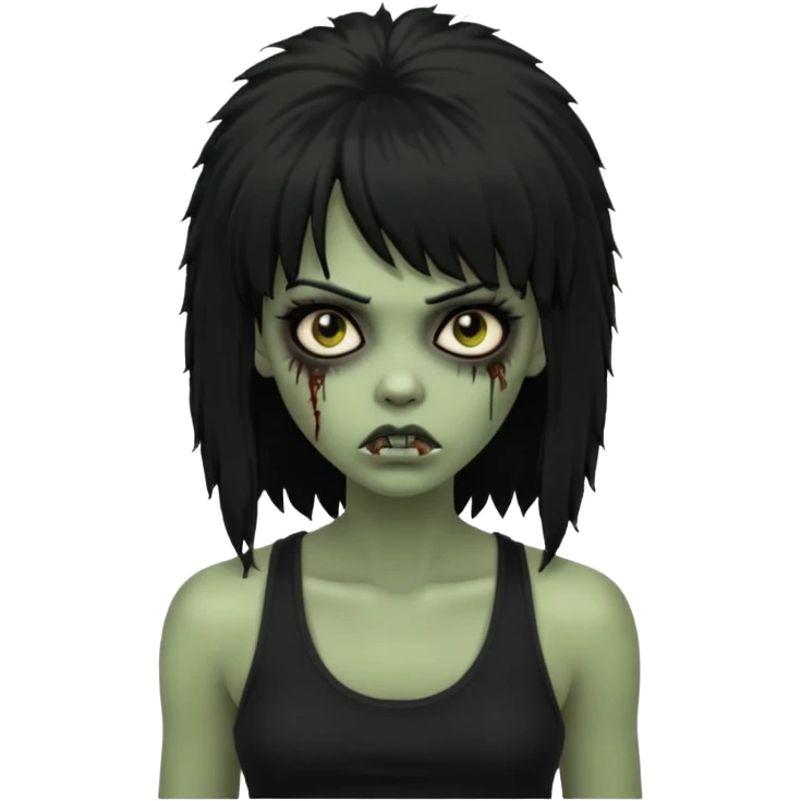 a female zombie with sage green skin, black long afro afro hair with bangs, and a black tank top  emoji