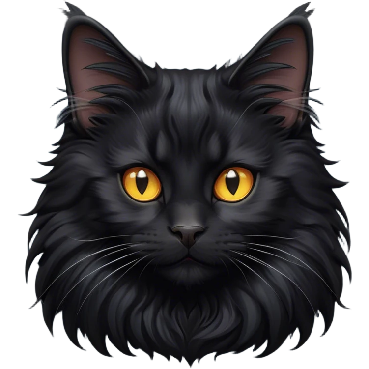 Cinematic Adorable Fluffy Black Maine Coon Cat Portrait Emoji, Head tilted playfully and inquisitively, sleek jet-black fur with a soft, velvety texture, Simplified yet charming features, highly detailed, glowing with a warm, mysterious glow, high shine, curious and affectionate, stylized with a touch of whimsy, bright and alert, soft glowing outline, capturing the essence of a mischievous yet loving kitten, so endearing it feels like it could pounce out of the screen with its fluffy tail swishing gracefully! emoji
