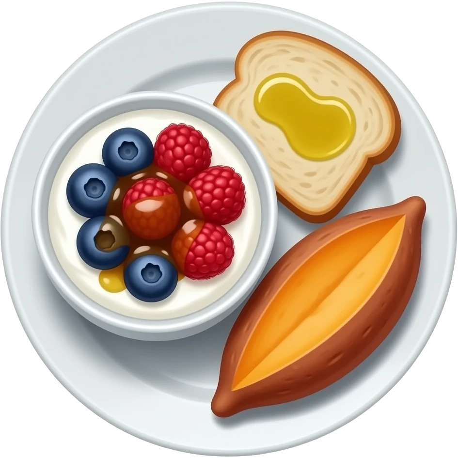 Realistic Plate with greek yogurt bowl topped with blueberries raspberries and maple syrup and sourdough slice topped with a lot of olive oil and a sweet potato on the side HD emoji