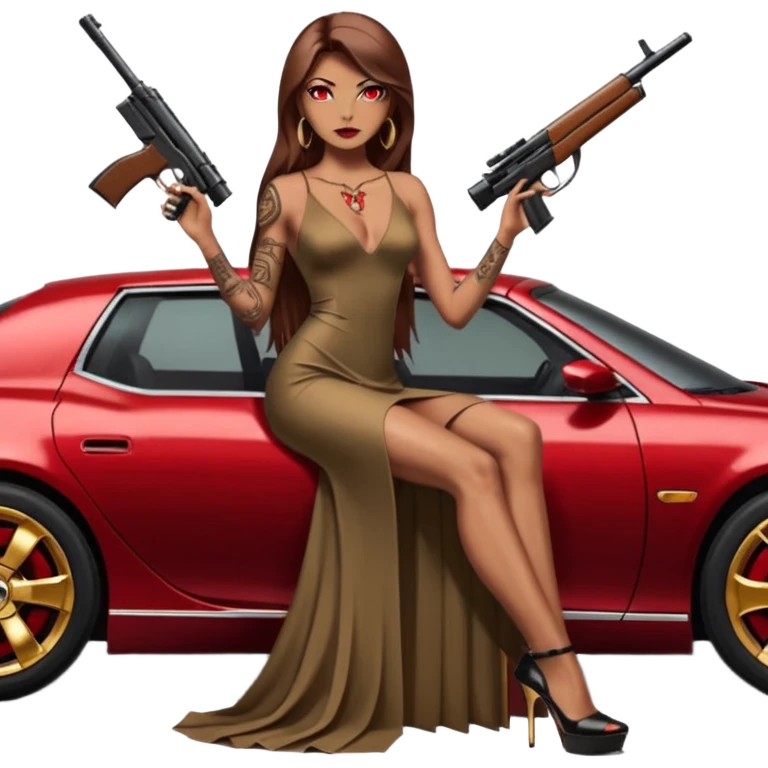 Lilith tan skinfemale red eyes symbol. Tattoo arms. Her hair is brown straight long hair.wearing sexy long elegant dress with slit. black stiletto thick platform high heels shoes on. Sitting on gold giant luxury car with cash inside . She is holding a sniper rifle in one hand cash in other hand emoji