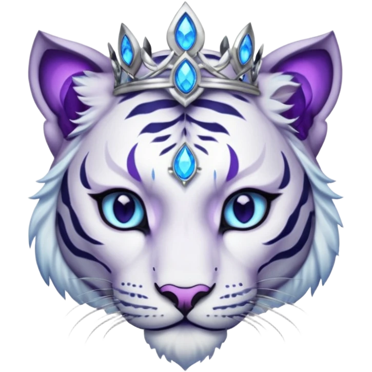 ESO Female white/black tiger khajiit leader of the umbral rose, glowing blue eyes, glowing blue 'third eye' gem; purple gem silver tiara emoji