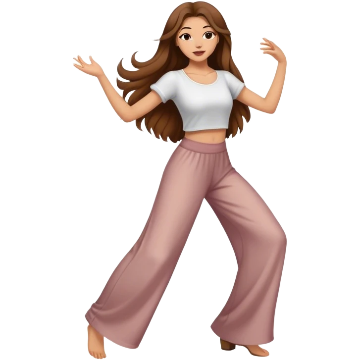 girl with long brown hair dancing in wide pants emoji