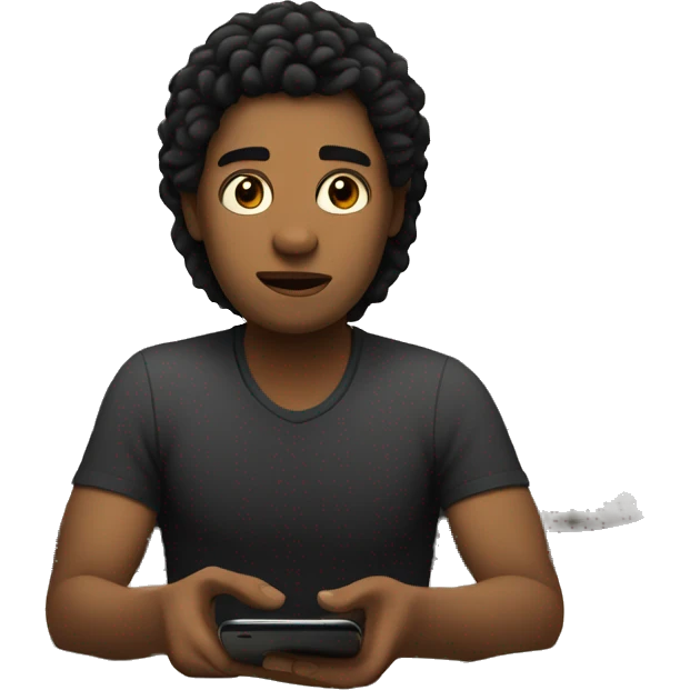 A white person with black hair sits on the edge of a bed, focused on their phone in a dimly lit room emoji