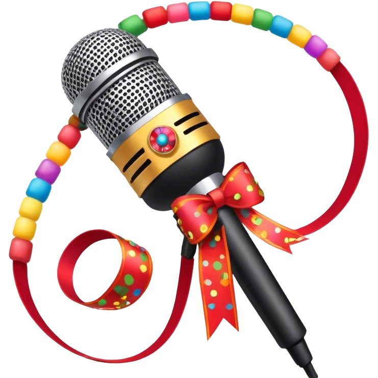 Create a vibrant and dynamic emoji that represents pop vocal performance without people. The design should feature a close-up of a classic stage microphone (retro-style) with a lanyard, set against a stage background. Add concert lighting, a celebratory salute of confetti or fireworks in the background, and musical notes forming a ribbon, symbolizing the performance and creativity of pop vocals. Include subtle elements like a formal stage costume to emphasize the professional aspect. Use bright, bold colors like gold, red, and neon to reflect the energetic and glamorous nature of pop vocal performance. The background should be transparent. emoji
