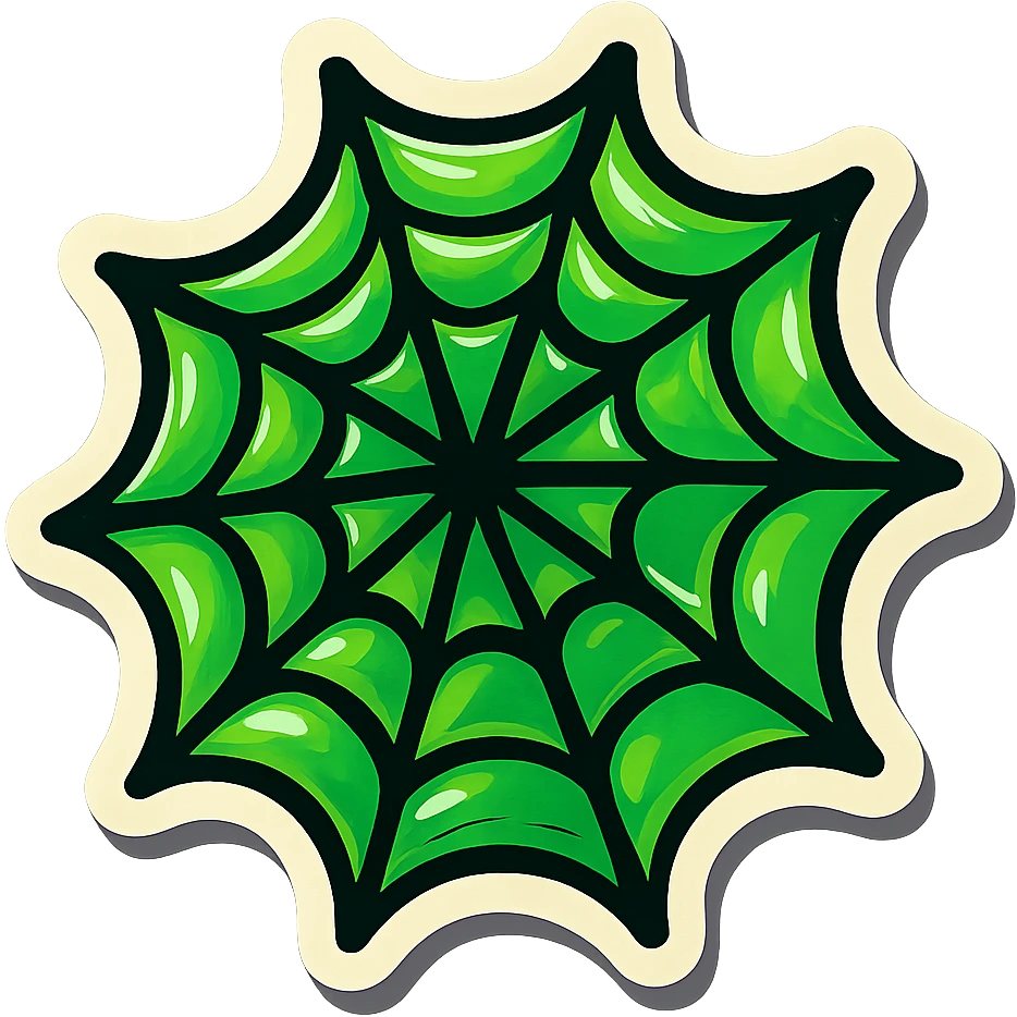 green spider web, hand-drawn retro sticker style, bold outlines, expressive shadows and highlights, slightly playful, dimensional look emoji