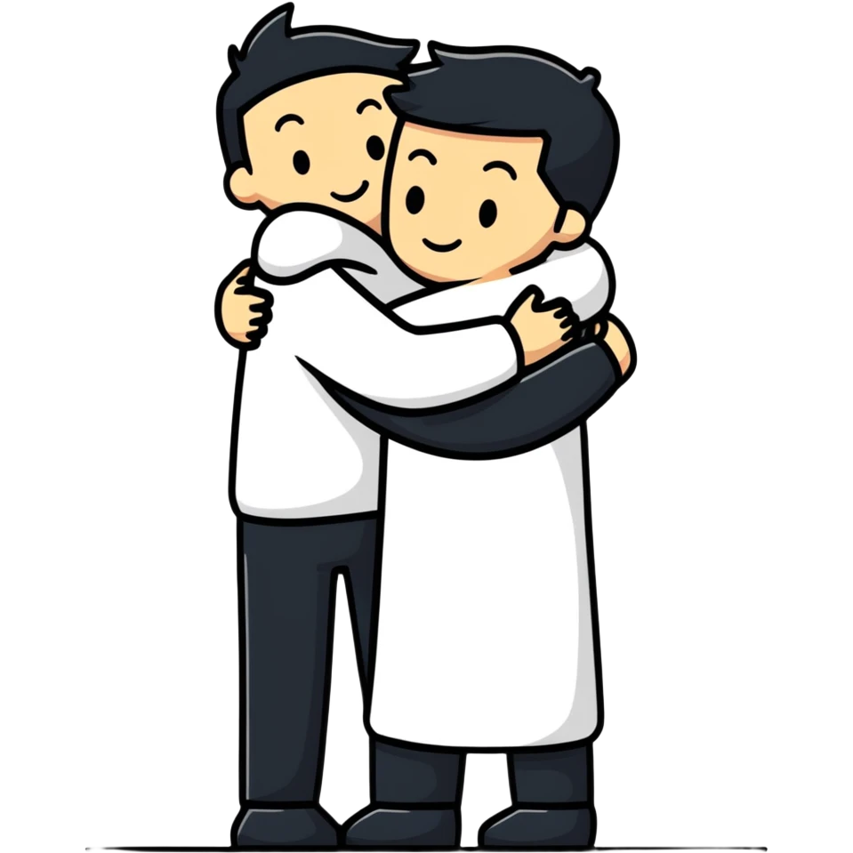man hugging another person while making a quiet sign emoji