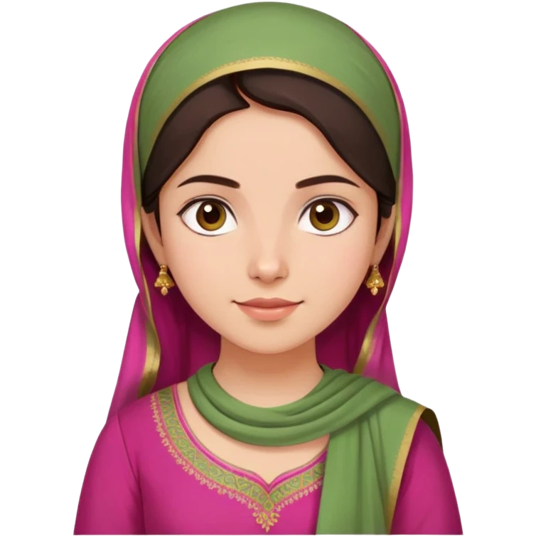 girl with light wheatish skin, dark brown hair, wearing dark pink kurti with sage green dupatta on head emoji