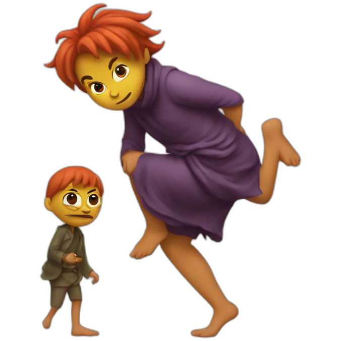 A little imp sneaks on tiptoe with a disgruntled face and carries a woman's leg emoji