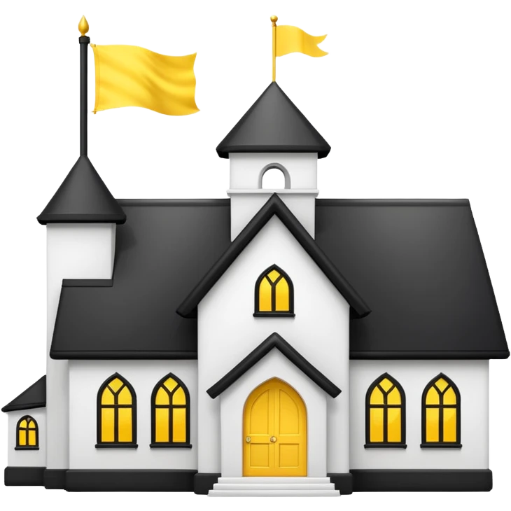 simple magic school, white background, magic school, black roof, with a big flag, big flag on a roof, big yellow flag, white school emoji