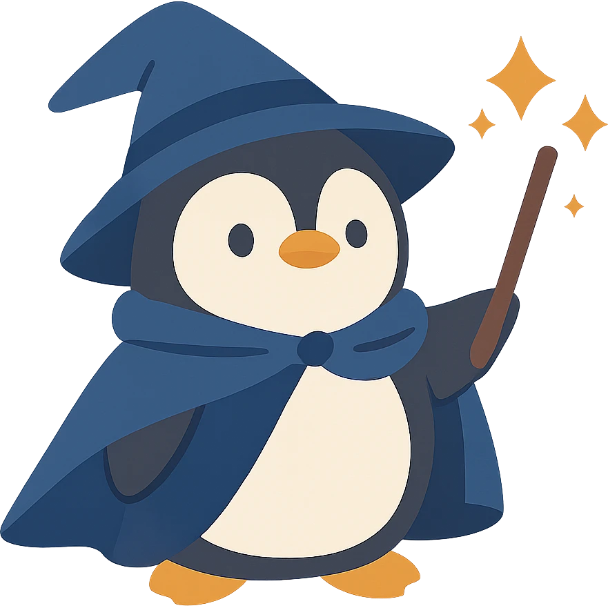 flat toon style penguin wizard with a cape and magic sparkles emoji