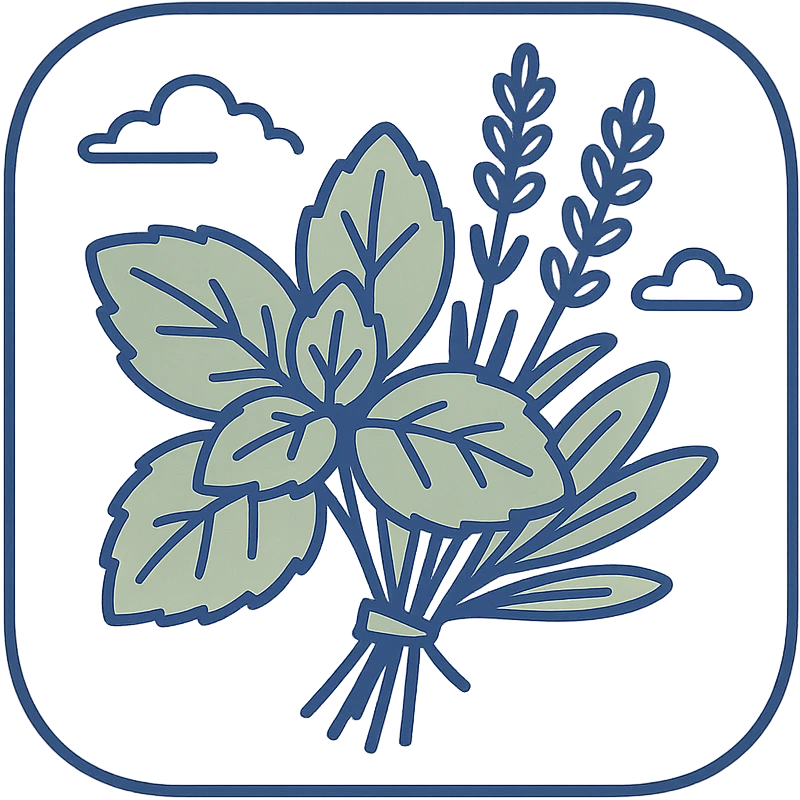 macOS app icon for a herbal therapy CRM, showing a bundle of fresh herbs like mint and lavender in a rounded square, soft green and natural tones, modern, clean, no text emoji