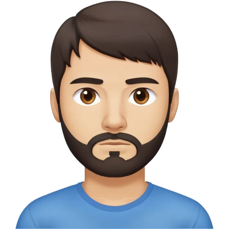 Argentine male with longer straight dark brown hair reaching shoulders, bangs, short complete beard, serious neutral face, wearing plain blue t-shirt emoji