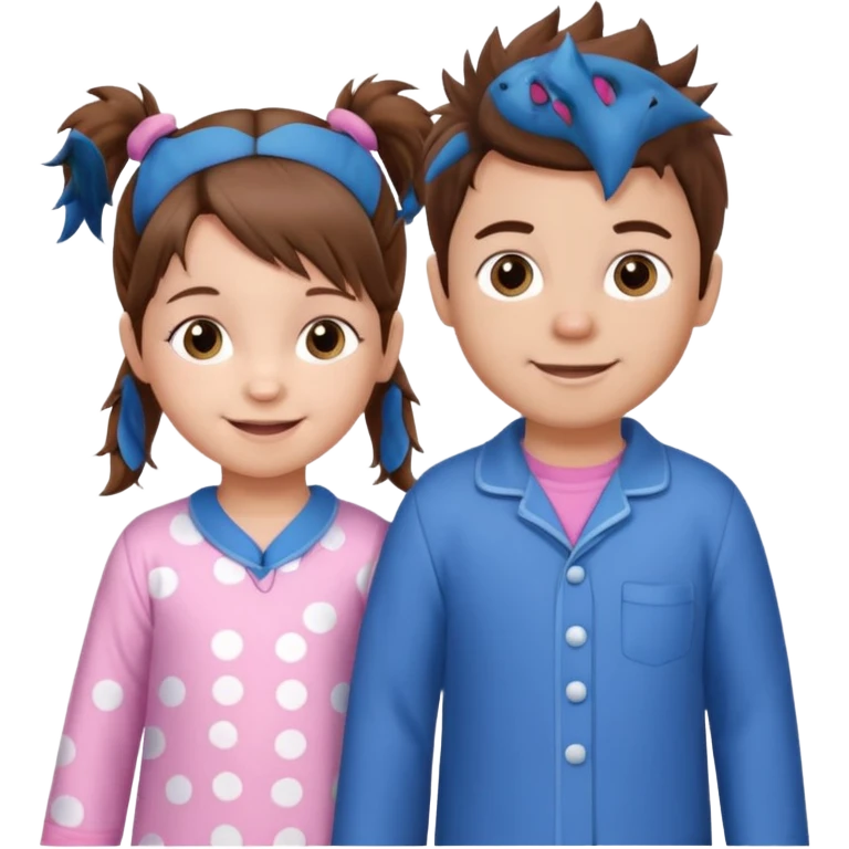 A toddler girl with brown hair with two pig tails, wearing pink pajamas and a bigger 4 year old boy with spikey brown hair, wearing blue pajamas. Both light skin and smiling.  emoji