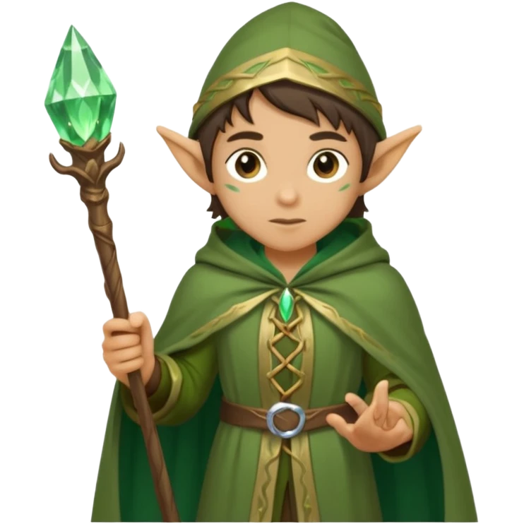 {
      "type": "human",
      "look": "forest elf mage, green cloak, wooden staff, glowing crystal tip",
      "description": "a forest elf mage in green cloak holding a wooden staff with a glowing crystal tip"
    } emoji