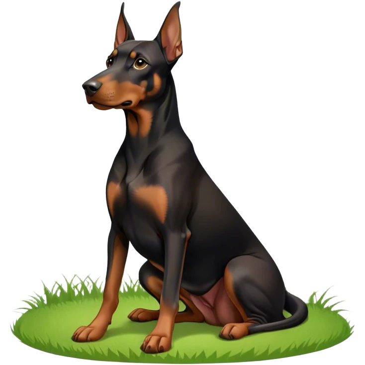 Close-up of a Doberman Pinscher sitting on lush green grass, looking alert and majestic. The background features a beautiful, serene nature view with rolling hills and bright blue skies. The dog’s sleek black and tan coat shines under the sun. Transparent background. emoji