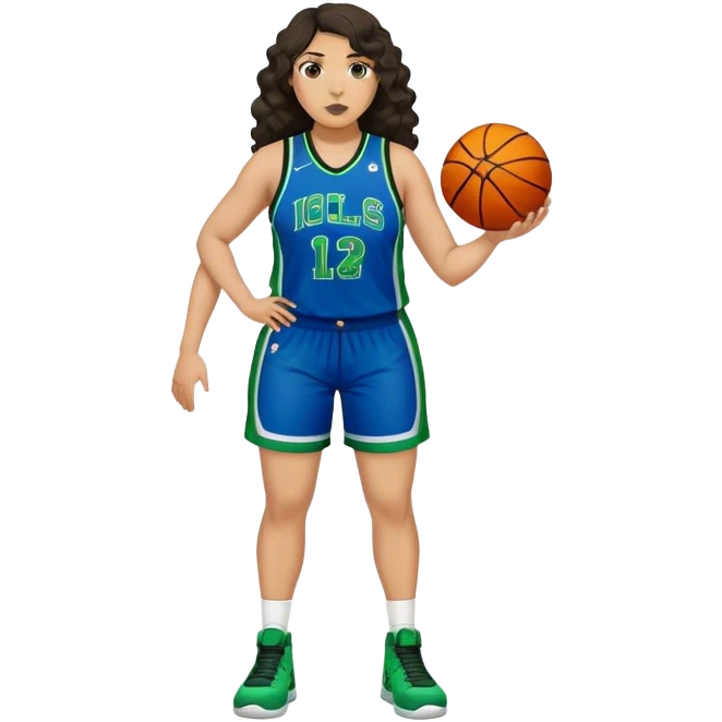 full body plus size light skin latino women basketball player with wavy dark hair large wide nose wearing blue with green uniform emoji