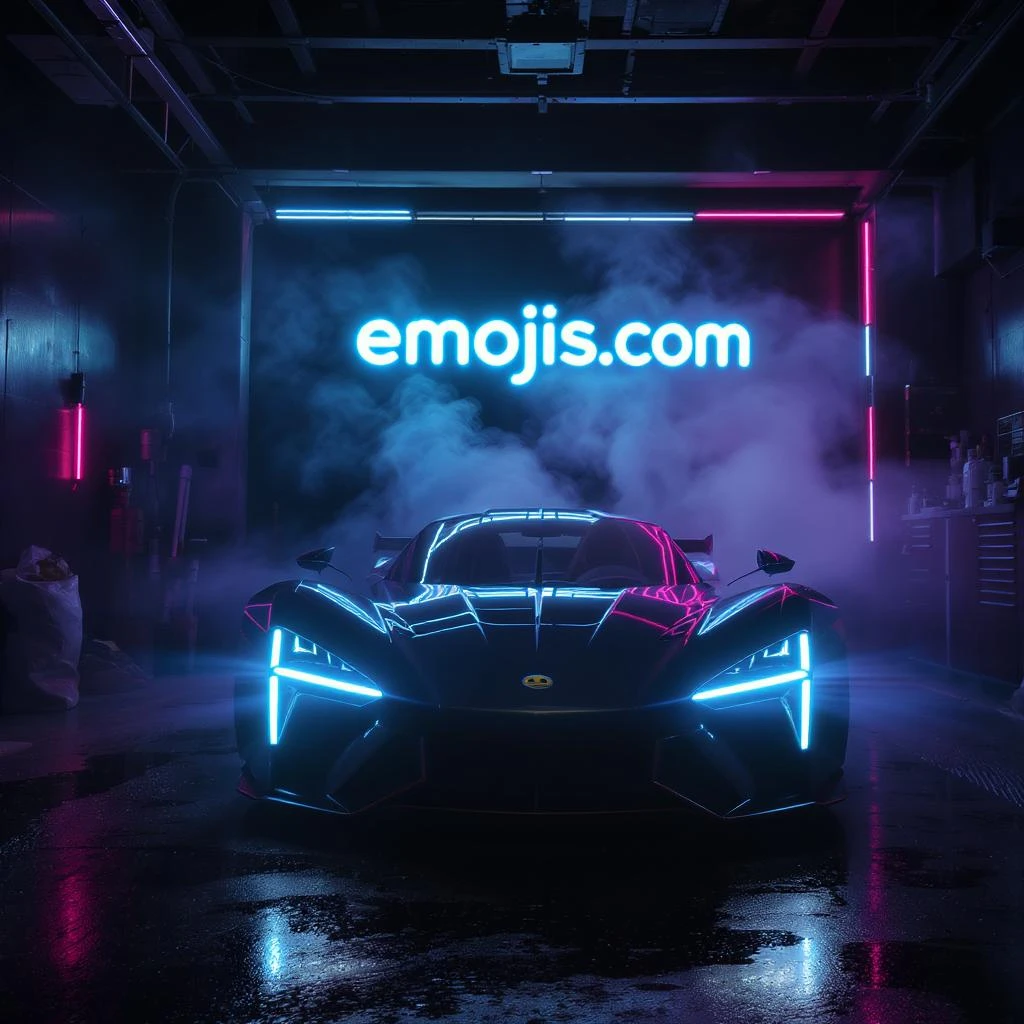 Cinematic still of a futuristic car parked front to camera inside neon garage with led behind saying "emojis.com", room fill with haze, very detailed and futuristic ,inspired by cyberpunk 2077 emoji