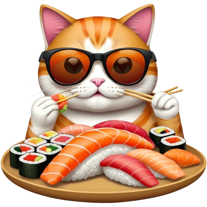 cool cat wearing sunglasses eating a big pile of colorful sushi pieces, stylish cat enjoying sushi emoji