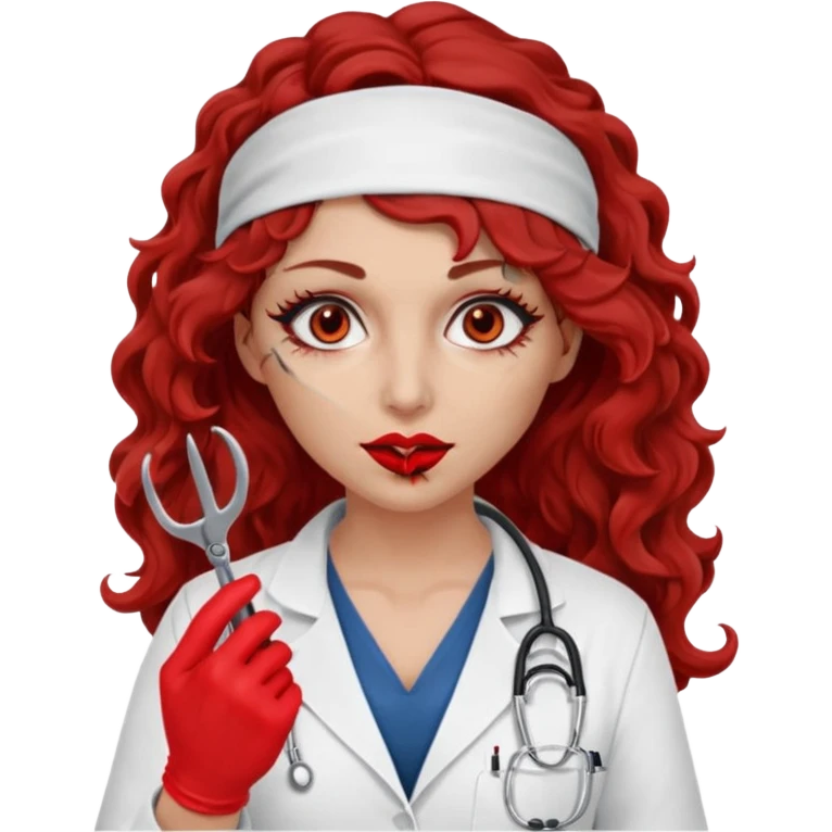 Scary woman scalpel in hand, evil surgeon sexy surgeon clothes.  She has red eyes. Her  brown long curly hair. Wears sexy doctor outfit with red gloves. Hides mouth necknose with red bandana to hide her identity emoji