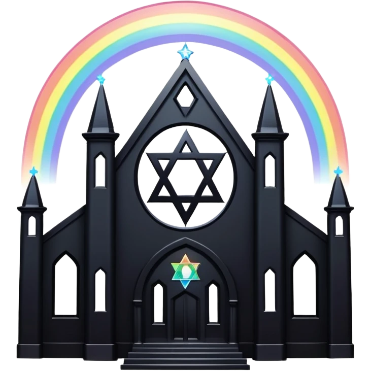 jewish synagogue temple in dark goth aesthetic style with black building and light rainbow tint glass windows and star of david and celestial symbolism emoji