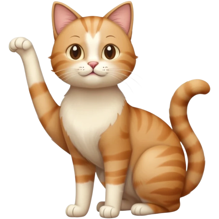standing cat with tail raised upward, soft brown and beige colors, friendly calm expression, natural pose, warm lighting, flat illustration emoji