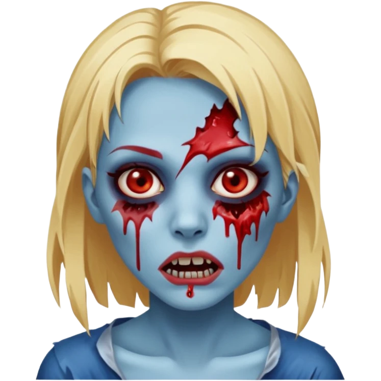 zumbi feminino com cortes no rosto, olhos baixos e vermelhos, cabelo loiro e rosto azul escuro, boca e olhos sangrando cm fundl azul e mais sangues possível emoji