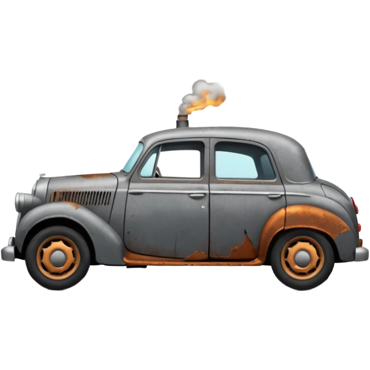 Side view of a broken-down old car with steam from the open bonnet, shattered windows, rusted doors, a flat tire, dents, peeling paint, and a grimy, neglected look. emoji